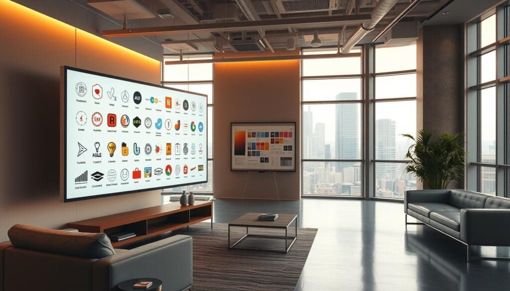 A modern office interior with a variety of customization options for branding and design. In the foreground, an array of interchangeable icons, logos, and graphic elements displayed on a large touchscreen display. Warm, cinematic lighting creates a professional atmosphere, highlighting the sleek, minimalist furniture and decor. In the middle ground, a whiteboard showcases mockups and color palettes, while the background features a panoramic view of the city skyline through floor-to-ceiling windows. The scene conveys a sense of creativity, flexibility, and attention to detail in crafting a unique digital magazine brand. Photorealistic, 8K resolution. A modern office interior with a variety of customization options for branding and design. In the foreground, an array of interchangeable icons, logos, and graphic elements displayed on a large touchscreen display. Warm, cinematic lighting creates a professional atmosphere, highlighting the sleek, minimalist furniture and decor. In the middle ground, a whiteboard showcases mockups and color palettes, while the background features a panoramic view of the city skyline through floor-to-ceiling windows. The scene conveys a sense of creativity, flexibility, and attention to detail in crafting a unique digital magazine brand. Photorealistic, 8K resolution.