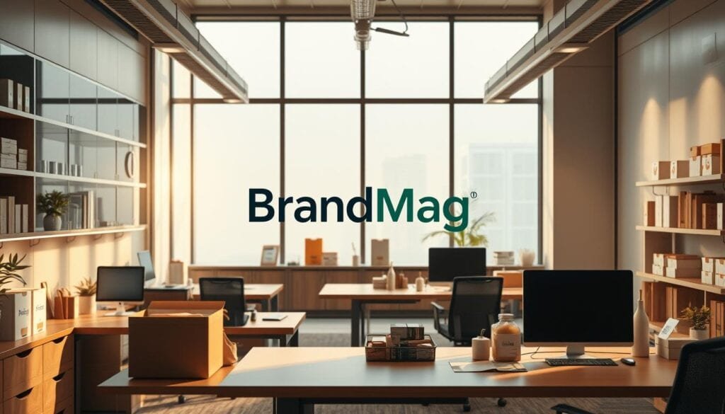 A modern office interior with cinematic lighting and sleek, sustainable packaging solutions prominently displayed on desks and shelves. The BrandMag logo is subtly integrated into the scene, showcasing the company's commitment to eco-friendly practices. Soft shadows and warm tones create a professional, business-focused atmosphere. The image is photorealistic, capturing the details of the packaging materials and the overall office environment in 8K resolution.