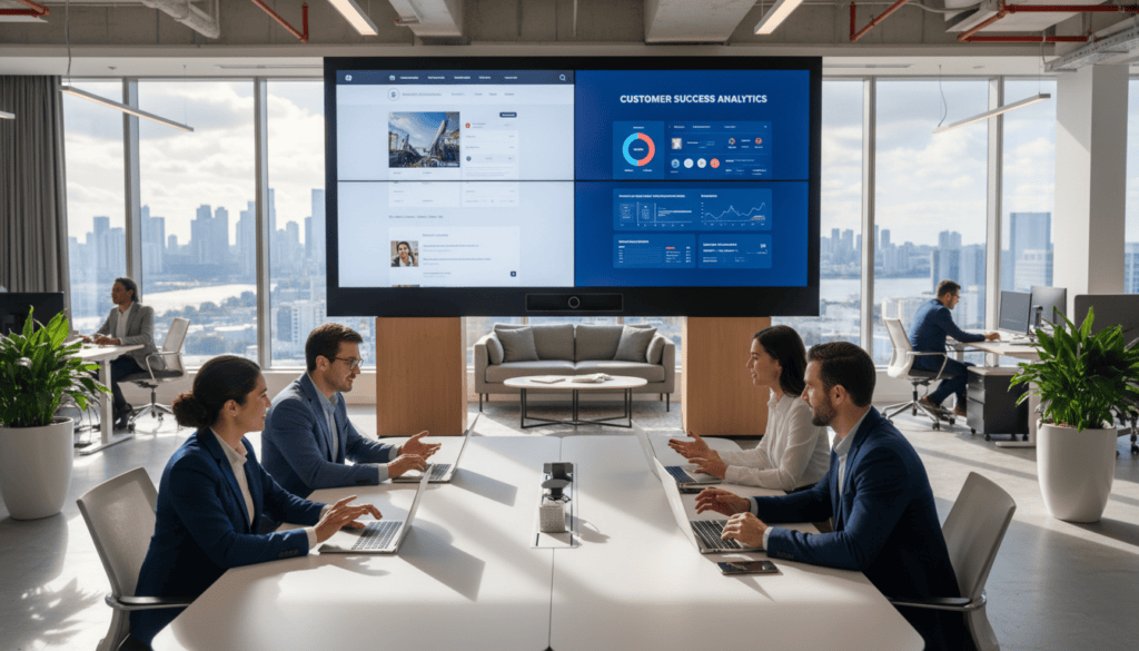 A modern office scene depicting a customer support website builder environment. In the foreground, a diverse group of professionals in business attire, engaged in a discussion around a sleek desk, with laptops open displaying customer support interfaces. The middle ground features a large interactive screen showcasing website design options and customer support resources. In the background, a modern office with large windows allowing natural light to flood in, highlighting a sophisticated urban landscape outside. The setting exudes a professional and innovative atmosphere, enhanced by warm, cinematic lighting that illuminates the workspace, captured in photorealistic 8k detail, inviting and inspiring for small business owners.