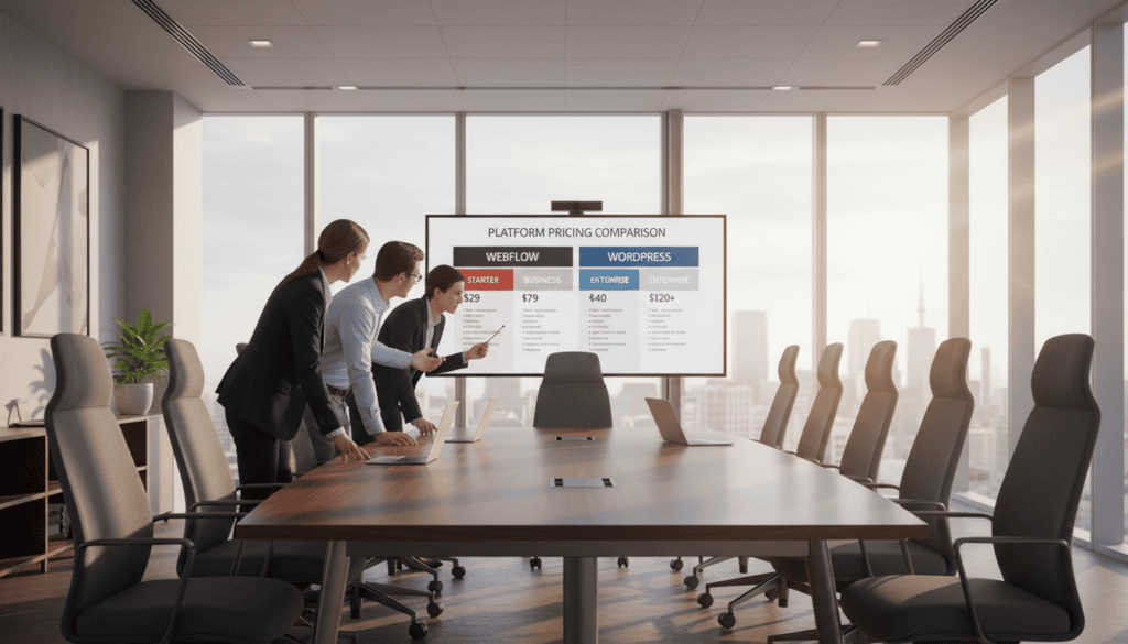 Modern conference room with digital price comparison display.