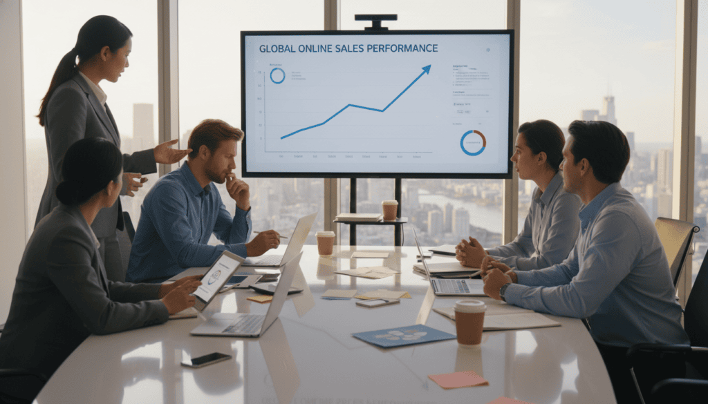 A modern office setting with a diverse team of professionals brainstorming strategies for maximizing online sales on a large interactive digital screen. In the foreground, a woman in a tailored suit is pointing at a graph displaying rising sales figures, while a man in business casual attire takes notes on a tablet. In the middle, a high-tech conference table is surrounded by laptops and marketing materials. The background features large windows with city skyline views, bathed in warm, cinematic lighting that creates a productive atmosphere. The scene conveys collaboration and innovation, highlighting the importance of using the right e-commerce platform. The image should be rendered in photorealistic 8k quality, emphasizing the clarity of expressions and details in the modern office environment.