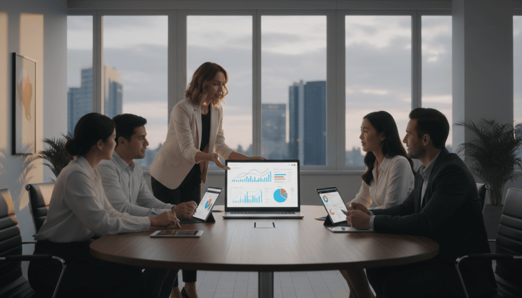 A modern office setup featuring a laptop displaying an email marketing dashboard with vibrant graphs and colorful campaign statistics. In the foreground, a professional businesswoman in smart casual attire is engaged in thoughtful discussion with a diverse group of colleagues around a sleek conference table. The middle ground showcases devices like tablets and smartphones, all referencing CRM integration tools. The background features large windows letting in soft, natural light, enhancing the inviting atmosphere. The setting should imply collaboration and productivity, with a stylish, minimalist design. Cinematic lighting highlights the faces of the participants, creating a sense of focus and determination. The overall mood is one of innovation and teamwork, captured in stunning 8k resolution, without any text or distractions. A modern office setup featuring a laptop displaying an email marketing dashboard with vibrant graphs and colorful campaign statistics. In the foreground, a professional businesswoman in smart casual attire is engaged in thoughtful discussion with a diverse group of colleagues around a sleek conference table. The middle ground showcases devices like tablets and smartphones, all referencing CRM integration tools. The background features large windows letting in soft, natural light, enhancing the inviting atmosphere. The setting should imply collaboration and productivity, with a stylish, minimalist design. Cinematic lighting highlights the faces of the participants, creating a sense of focus and determination. The overall mood is one of innovation and teamwork, captured in stunning 8k resolution, without any text or distractions.