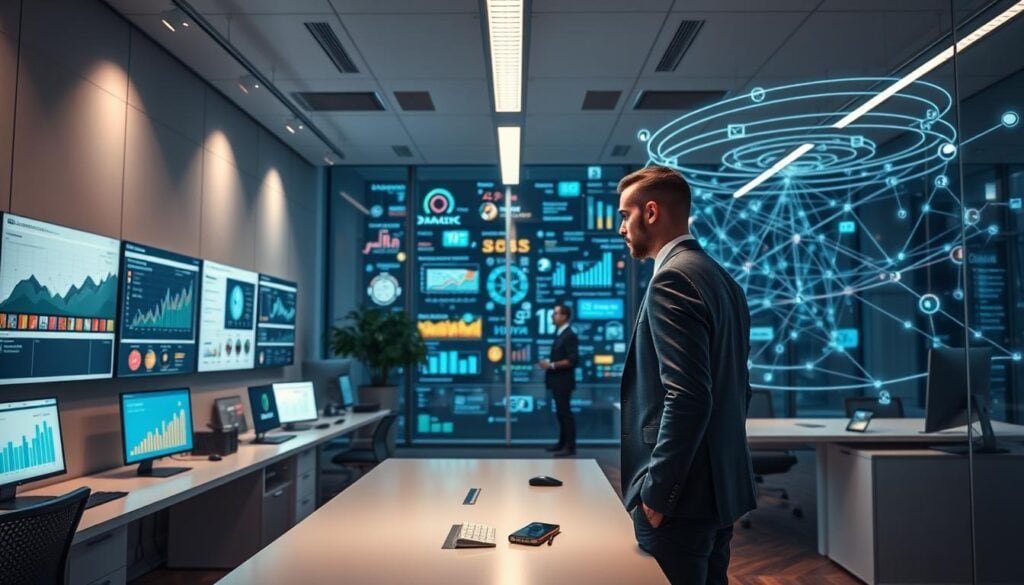 A modern office space, bathed in cinematic lighting, showcases the advantages and pitfalls of digital marketing. In the foreground, a businessman navigates a sleek, minimalist workspace, surrounded by screens displaying analytics and social media metrics. In the middle ground, vibrant infographics illustrate the potential of targeted campaigns and data-driven decision-making. Meanwhile, the background reveals the challenges of maintaining a strong online presence, with intricate webs of digital platforms and the constant threat of algorithm changes. The scene conveys the dynamic, fast-paced nature of the digital landscape, inviting the viewer to consider the delicate balance between the rewards and risks of this evolving field. Photorealistic, 8k resolution, cinematic lighting.