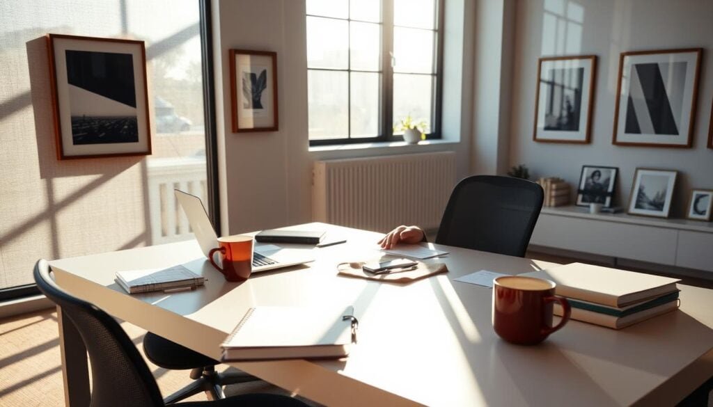 Bright workspace with desk and art.