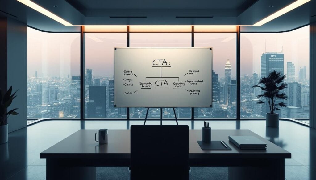 A modern office space, filled with the soft glow of cinematic lighting. Three distinct layers unfold: in the foreground, a sleek desk with a laptop and minimalist accessories; in the middle, a whiteboard displaying a three-tiered CTA strategy, meticulously diagrammed; and in the background, a panoramic view of the city skyline, reflecting the professional atmosphere. The scene is captured in a photorealistic 8K resolution, conveying a sense of sophistication and strategic planning. A modern office space, filled with the soft glow of cinematic lighting. Three distinct layers unfold: in the foreground, a sleek desk with a laptop and minimalist accessories; in the middle, a whiteboard displaying a three-tiered CTA strategy, meticulously diagrammed; and in the background, a panoramic view of the city skyline, reflecting the professional atmosphere. The scene is captured in a photorealistic 8K resolution, conveying a sense of sophistication and strategic planning.