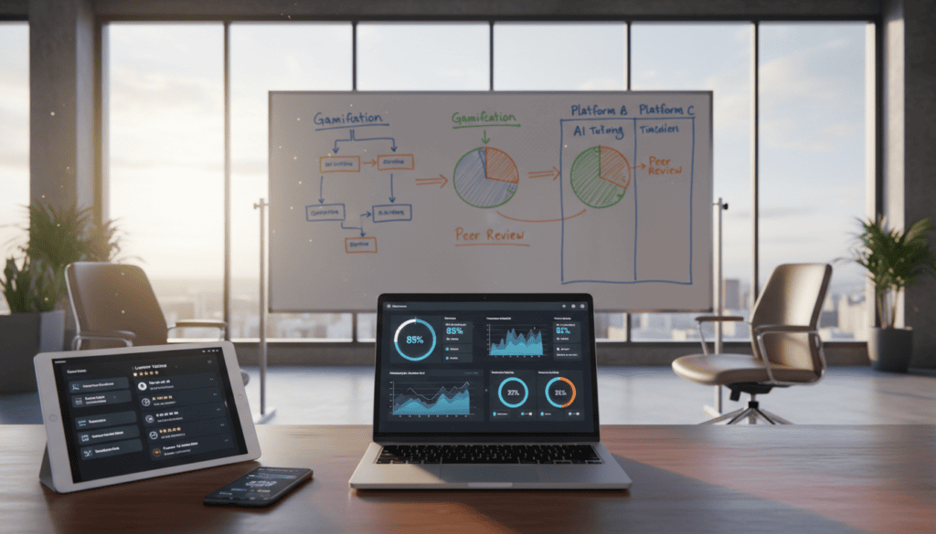 A modern office space showcasing a range of course platform assessment tools and features. In the foreground, a sleek wooden desk is adorned with a laptop displaying user analytics and interactive course metrics. To the left, a vibrant tablet shows course creation features, while a smartphone nearby displays user testimonials and ratings. The middle ground features a whiteboard filled with colorful charts and diagrams illustrating feature comparisons between platforms. The background includes large windows letting in warm, natural light, emphasizing a sense of professionalism and productivity. The atmosphere is dynamic yet focused, with cinematic lighting enhancing the photorealistic quality of the scene. The overall composition should have an 8k resolution, capturing intricate details without any text or watermarks. A modern office space showcasing a range of course platform assessment tools and features. In the foreground, a sleek wooden desk is adorned with a laptop displaying user analytics and interactive course metrics. To the left, a vibrant tablet shows course creation features, while a smartphone nearby displays user testimonials and ratings. The middle ground features a whiteboard filled with colorful charts and diagrams illustrating feature comparisons between platforms. The background includes large windows letting in warm, natural light, emphasizing a sense of professionalism and productivity. The atmosphere is dynamic yet focused, with cinematic lighting enhancing the photorealistic quality of the scene. The overall composition should have an 8k resolution, capturing intricate details without any text or watermarks.