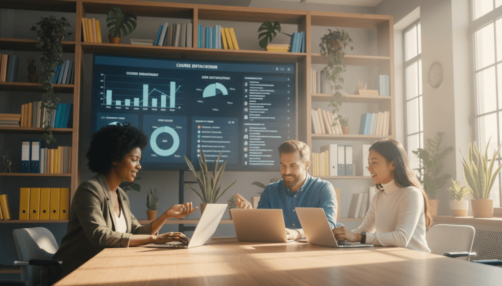A modern office space showcasing an online course platform support team engaging with users. In the foreground, a diverse group of three professionals (a Black woman, a Caucasian man, and an Asian woman) are seated around a sleek conference table, utilizing laptops and tablets, dressed in smart casual clothing. The middle layer features a large digital screen displaying course analytics and community engagement metrics. In the background, soft-focus bookshelves filled with educational resources and vibrant plants enhance the professional atmosphere. The scene is bathed in warm, cinematic lighting that highlights their enthusiastic expressions, fostering a mood of collaboration and support. The overall composition is photorealistic, rendered in 8k resolution, capturing a dynamic workspace committed to helping online learners. A modern office space showcasing an online course platform support team engaging with users. In the foreground, a diverse group of three professionals (a Black woman, a Caucasian man, and an Asian woman) are seated around a sleek conference table, utilizing laptops and tablets, dressed in smart casual clothing. The middle layer features a large digital screen displaying course analytics and community engagement metrics. In the background, soft-focus bookshelves filled with educational resources and vibrant plants enhance the professional atmosphere. The scene is bathed in warm, cinematic lighting that highlights their enthusiastic expressions, fostering a mood of collaboration and support. The overall composition is photorealistic, rendered in 8k resolution, capturing a dynamic workspace committed to helping online learners.