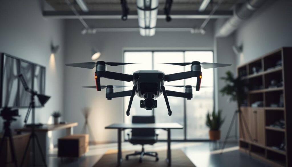 A modern office space with a cinematic, dramatic lighting setup for drone photography. The scene showcases a sleek, minimalist workspace with a large window providing natural illumination. In the foreground, a professional-grade drone hovers, its camera lens capturing the scene with precision. Strategically placed spotlights and soft diffused lighting create depth and dimension, highlighting the drone's silhouette. The overall atmosphere is one of high-end, high-tech sophistication, perfect for illustrating lighting and exposure techniques for drone photography. A modern office space with a cinematic, dramatic lighting setup for drone photography. The scene showcases a sleek, minimalist workspace with a large window providing natural illumination. In the foreground, a professional-grade drone hovers, its camera lens capturing the scene with precision. Strategically placed spotlights and soft diffused lighting create depth and dimension, highlighting the drone's silhouette. The overall atmosphere is one of high-end, high-tech sophistication, perfect for illustrating lighting and exposure techniques for drone photography.