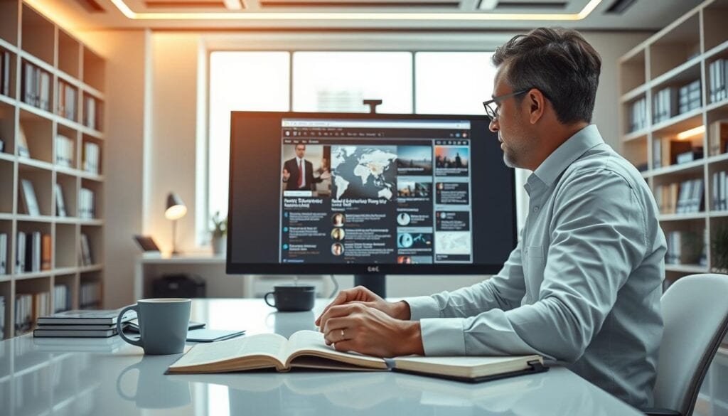 A modern office with sleek, minimalist design. Bright, cinematic lighting illuminates a professional evaluating online sources on a large, high-resolution monitor. The viewer is drawn in, observing the careful analysis and critical thinking at work. Subtle details like an open notebook, a mug of coffee, and a background of bookshelves and office supplies convey a sense of intellectual rigor and diligence. The scene exudes a mood of focused, methodical assessment - a fitting representation of leveraging digital tools and social media with media literacy in the AI era. A modern office with sleek, minimalist design. Bright, cinematic lighting illuminates a professional evaluating online sources on a large, high-resolution monitor. The viewer is drawn in, observing the careful analysis and critical thinking at work. Subtle details like an open notebook, a mug of coffee, and a background of bookshelves and office supplies convey a sense of intellectual rigor and diligence. The scene exudes a mood of focused, methodical assessment - a fitting representation of leveraging digital tools and social media with media literacy in the AI era.