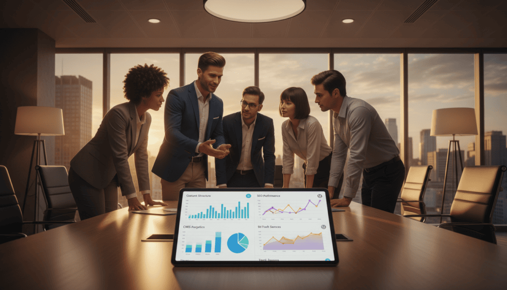 Business team analyzing data charts at conference table.