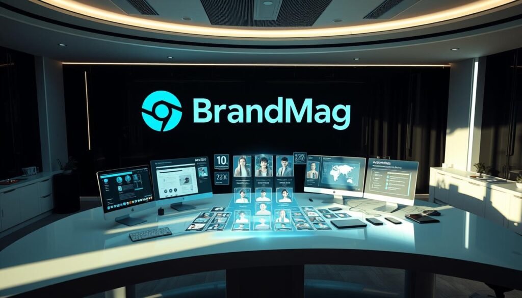 A modern, sleek office setting with a large, curved desk displaying various AI persona creation tools. The tools are arranged in a visually appealing layout, with a central holographic projection showcasing customizable persona profiles. Soft, cinematic lighting illuminates the scene, casting subtle shadows and highlights to create depth and atmosphere. In the background, the BrandMag logo is prominently displayed, signifying the high-tech, professional nature of the persona creation process. The overall mood is one of innovation, technology, and forward-thinking design, perfectly suited for the "Harnessing AI for Persona Creation in 2025" section of the article.