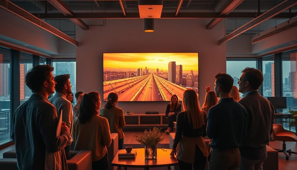 A modern, sleek office setting with a large video screen on the wall, showcasing a captivating video campaign. The room is bathed in warm, cinematic lighting, creating an atmosphere of creative energy and audience engagement. In the foreground, a group of young, diverse professionals are intently watching the screen, their expressions ranging from rapt attention to animated discussion. The middle ground features stylish, minimalist furniture and decor, hinting at a progressive, innovative workplace. The background offers a glimpse of the city skyline through floor-to-ceiling windows, adding a sense of scale and urban sophistication. The overall scene conveys a dynamic, visually striking environment where creative video campaigns captivate and inspire their audience. A modern, sleek office setting with a large video screen on the wall, showcasing a captivating video campaign. The room is bathed in warm, cinematic lighting, creating an atmosphere of creative energy and audience engagement. In the foreground, a group of young, diverse professionals are intently watching the screen, their expressions ranging from rapt attention to animated discussion. The middle ground features stylish, minimalist furniture and decor, hinting at a progressive, innovative workplace. The background offers a glimpse of the city skyline through floor-to-ceiling windows, adding a sense of scale and urban sophistication. The overall scene conveys a dynamic, visually striking environment where creative video campaigns captivate and inspire their audience.