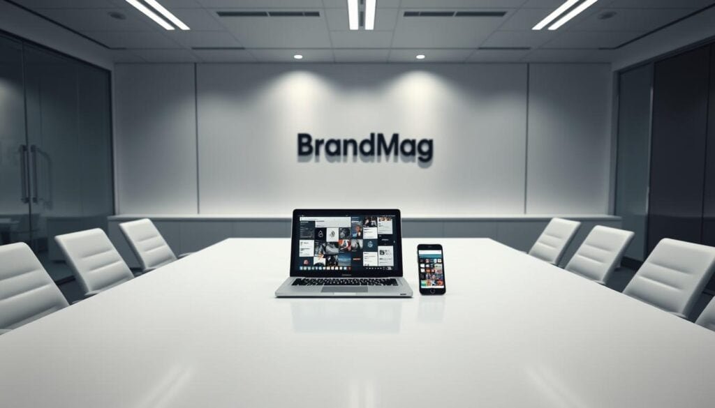 A modern, sleek office space with a large, minimalist white desk at the center. On the desk, a laptop, smartphone, and tablet display various social media platforms, reflecting the concept of "social media referral amplification." The room is bathed in cinematic, moody lighting, creating a sense of focus and intensity. In the background, the BrandMag logo is subtly visible, reinforcing the professional, corporate context. The overall scene conveys a dynamic, tech-savvy environment where digital referrals and word-of-mouth are amplified through the strategic use of social media. A modern, sleek office space with a large, minimalist white desk at the center. On the desk, a laptop, smartphone, and tablet display various social media platforms, reflecting the concept of "social media referral amplification." The room is bathed in cinematic, moody lighting, creating a sense of focus and intensity. In the background, the BrandMag logo is subtly visible, reinforcing the professional, corporate context. The overall scene conveys a dynamic, tech-savvy environment where digital referrals and word-of-mouth are amplified through the strategic use of social media.