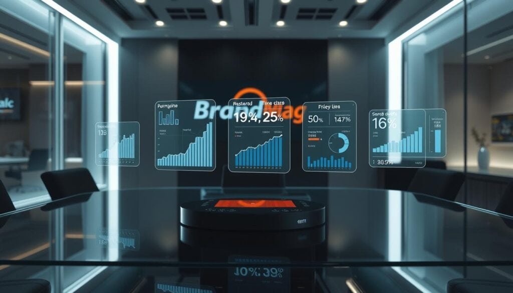 A modern, sleek office space with cinematic lighting illuminating a glass desk. On the desk, various performance metrics and pricing data are displayed on a series of holographic screens, floating above the surface. The background features the BrandMag logo, subtly integrated into the design. The overall scene conveys a sense of professionalism, technology, and strategic decision-making.