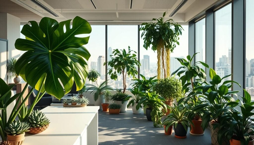 A modern, sun-drenched office space filled with an artful selection of trendy indoor plants. In the foreground, a lush, verdant monstera deliciosa with its distinctive, split leaves cascades over a minimalist, white-topped desk. Flanking it, a cluster of sculptural succulents and a towering fiddle-leaf fig tree. The middle ground features a collection of potted ZZ plants, snake plants, and a vibrant, trailing pothos, all bathed in warm, cinematic lighting. The background reveals floor-to-ceiling windows overlooking a bustling urban skyline, creating an inspiring, nature-infused workspace. Photorealistic, 8K. A modern, sun-drenched office space filled with an artful selection of trendy indoor plants. In the foreground, a lush, verdant monstera deliciosa with its distinctive, split leaves cascades over a minimalist, white-topped desk. Flanking it, a cluster of sculptural succulents and a towering fiddle-leaf fig tree. The middle ground features a collection of potted ZZ plants, snake plants, and a vibrant, trailing pothos, all bathed in warm, cinematic lighting. The background reveals floor-to-ceiling windows overlooking a bustling urban skyline, creating an inspiring, nature-infused workspace. Photorealistic, 8K.