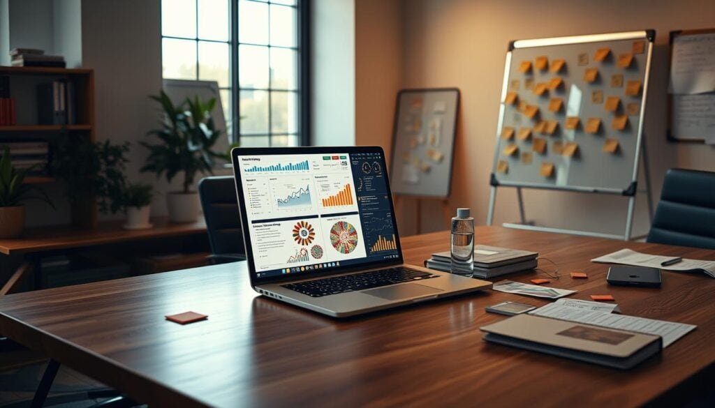 A modern, well-appointed office space, bathed in warm, cinematic lighting. On the desk, a laptop displays intricate data visualizations, revealing actionable insights for savvy marketers. Surrounding the desk, strategically placed whiteboards and sticky notes, evidence of a collaborative brainstorming session. The scene exudes a sense of productivity and innovation, capturing the essence of transforming raw data into impactful marketing strategies. Photorealistic in detail, this 8K image conveys the power of data-driven decision making for entrepreneurs. A modern, well-appointed office space, bathed in warm, cinematic lighting. On the desk, a laptop displays intricate data visualizations, revealing actionable insights for savvy marketers. Surrounding the desk, strategically placed whiteboards and sticky notes, evidence of a collaborative brainstorming session. The scene exudes a sense of productivity and innovation, capturing the essence of transforming raw data into impactful marketing strategies. Photorealistic in detail, this 8K image conveys the power of data-driven decision making for entrepreneurs.