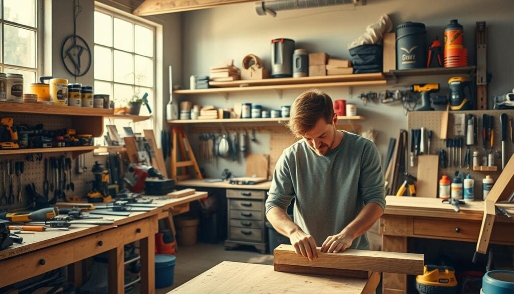 A modern, well-equipped home workshop with an array of DIY tools and materials. Bright, natural lighting filters through large windows, casting a warm glow on the space. Workbenches and shelves are neatly organized, displaying a variety of power tools, hand tools, paints, and project supplies. In the foreground, a person is engrossed in a woodworking project, their face illuminated by the focused task at hand. The overall atmosphere is one of creative focus and productivity, perfectly capturing the spirit of DIY home improvement as a fulfilling hobby.