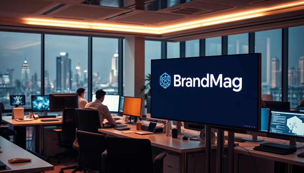 A modern, well-equipped office space with sleek, ergonomic furniture and cutting-edge technology. The room is bathed in warm, cinematic lighting, creating a professional and productive atmosphere. In the foreground, a BrandMag logo is prominently displayed on a large, high-resolution screen, showcasing the latest AI research integration tools. The middle ground features employees collaborating on various projects, their faces illuminated by the glow of their computer screens. The background is filled with a cityscape, visible through large, panoramic windows, adding a sense of urban sophistication. The overall scene conveys a sense of innovation, efficiency, and the seamless integration of AI into the research and development process.
