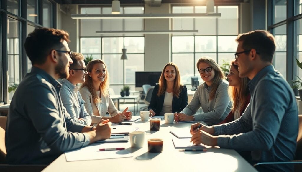 A modern, well-lit office space, filled with natural light streaming through large windows. In the foreground, a group of people engaged in a lively discussion, their faces animated as they share insights and ideas. The middle ground features a table adorned with notebooks, pens, and cups of coffee, creating a collaborative atmosphere. In the background, sleek office furniture and minimalist decor set the tone for a professional, yet inviting setting. Cinematic lighting casts subtle shadows, adding depth and drama to the scene. The overall mood is one of focused, productive engagement, capturing the essence of a productive customer interview session.