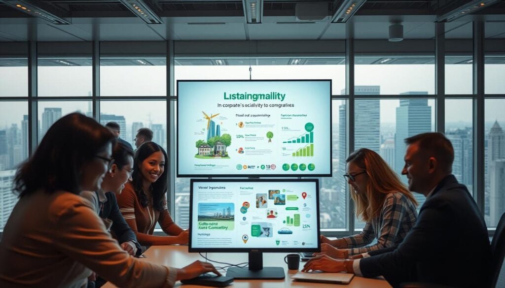 A modern, well-lit office space showcases the BrandMag corporate social responsibility campaign. In the foreground, a diverse group of employees collaborate on a digital presentation, their faces lit by the warm glow of computer screens. The middle ground features a large, sleek display showcasing the company's sustainability initiatives, with infographics and imagery highlighting their environmental and community impact. The background is filled with floor-to-ceiling windows, offering a panoramic view of a bustling city skyline. The overall atmosphere conveys a sense of professionalism, innovation, and a genuine commitment to social and environmental stewardship.