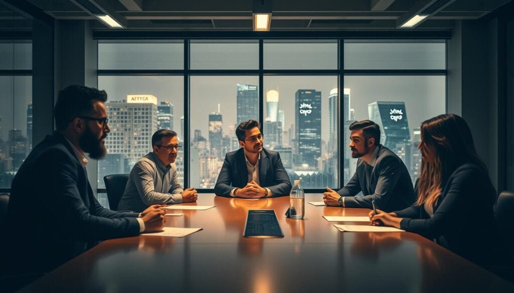 A modern, well-lit office space with a focus on a team of professionals gathered around a conference table, engaged in a dynamic discussion about Series C funding. The scene is bathed in a warm, cinematic lighting that casts subtle shadows, creating depth and drama. The team members are dressed in business attire, their expressions conveying a sense of determination and confidence as they strategize their path to market leadership. In the background, a large window overlooking a bustling cityscape sets the stage for this pivotal moment in the startup's growth journey. The entire composition is rendered in striking photorealistic detail, capturing the high-stakes nature of this advanced funding round.