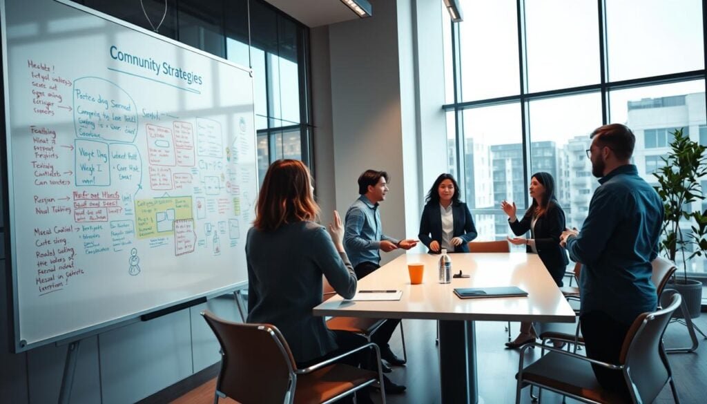 A modern, well-lit office space with a large whiteboard prominently displayed in the foreground. The whiteboard is filled with colorful notes, diagrams, and sketches, representing the pre-launch community strategies being developed by a team of professionals. In the middle ground, a group of people are engaged in a lively discussion, gesturing and collaborating over a sleek conference table. The background features floor-to-ceiling windows, allowing natural light to flood the room and creating a sense of openness and transparency. The overall atmosphere is one of focused creativity and teamwork, with a cinematic, photorealistic quality to the image. A modern, well-lit office space with a large whiteboard prominently displayed in the foreground. The whiteboard is filled with colorful notes, diagrams, and sketches, representing the pre-launch community strategies being developed by a team of professionals. In the middle ground, a group of people are engaged in a lively discussion, gesturing and collaborating over a sleek conference table. The background features floor-to-ceiling windows, allowing natural light to flood the room and creating a sense of openness and transparency. The overall atmosphere is one of focused creativity and teamwork, with a cinematic, photorealistic quality to the image.