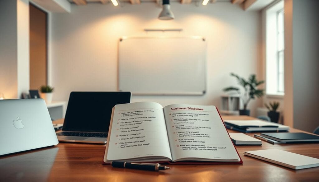 A modern, well-lit office space with a sleek, minimalist design. In the foreground, a desk adorned with various office supplies, including a laptop, pen, and notebook. The notebook's pages are open, revealing a series of customer discovery questions thoughtfully arranged, as if in the midst of a brainstorming session. The lighting is soft and directional, creating a warm, inviting atmosphere that encourages contemplation and ideation. In the middle ground, a whiteboard stands, its surface unmarked, hinting at the potential for more ideas to unfold. The background is a clean, uncluttered space, allowing the focus to remain on the desk and the important questions it holds. The entire scene conveys a sense of professionalism, creativity, and a deep understanding of the customer discovery process.