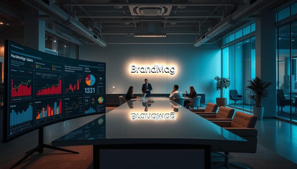 A modern, well-lit office space with sleek, minimalist furniture and floor-to-ceiling windows. In the foreground, a large curved display shows real-time marketing data and performance metrics, with intuitive data visualization dashboards. In the middle ground, a team of analysts and marketers collaborates around a long conference table, discussing insights and optimization strategies. The BrandMag logo is subtly displayed on the wall in the background, illuminated by dramatic cinematic lighting. The overall atmosphere is one of productivity, innovation, and data-driven decision-making. A modern, well-lit office space with sleek, minimalist furniture and floor-to-ceiling windows. In the foreground, a large curved display shows real-time marketing data and performance metrics, with intuitive data visualization dashboards. In the middle ground, a team of analysts and marketers collaborates around a long conference table, discussing insights and optimization strategies. The BrandMag logo is subtly displayed on the wall in the background, illuminated by dramatic cinematic lighting. The overall atmosphere is one of productivity, innovation, and data-driven decision-making.