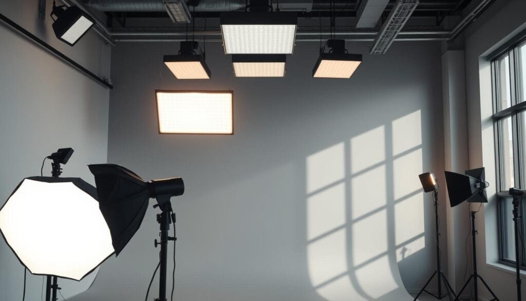 A modern, well-lit studio space with various lighting setups showcasing different techniques. In the foreground, a softbox illuminates a subject, creating a flattering, even lighting. Overhead, a trio of suspended LED panels casts a warm, cinematic glow. On the side, a large window provides natural daylight, casting dynamic shadows. In the background, a minimalist grey backdrop allows the lighting effects to take center stage. The overall scene conveys a professional, polished atmosphere suitable for video production on a budget.