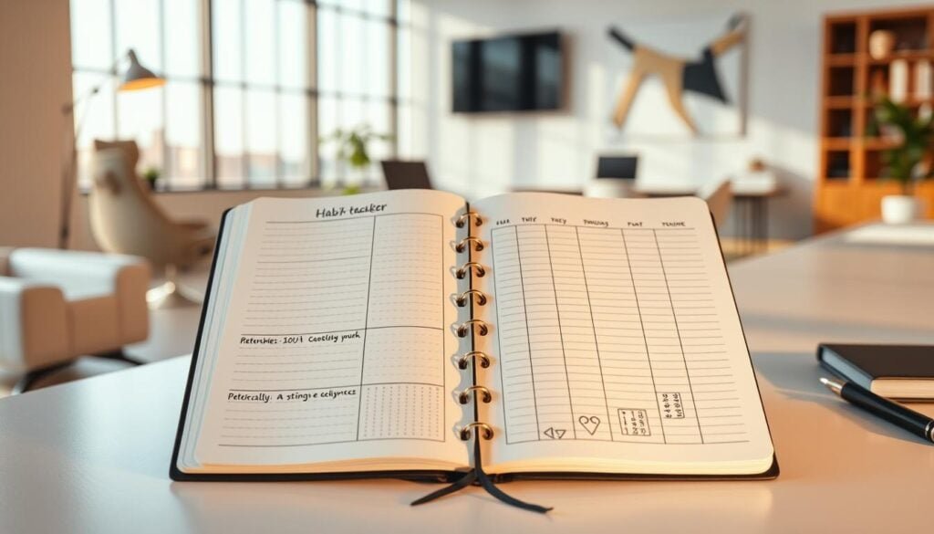 Open weekly planner with habit tracker and notes.