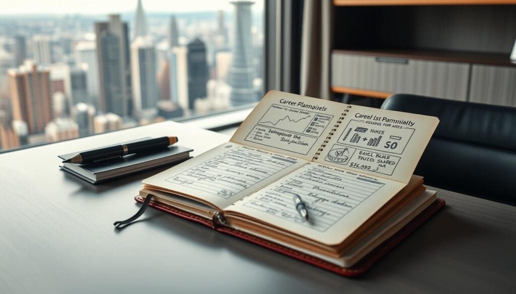 A neatly organized career goals planning journal rests on a modern office desk, its leather-bound cover reflecting the warm, cinematic lighting of the room. The journal's pages are filled with handwritten notes, sketches, and carefully curated images, all meticulously arranged to capture the user's aspirations and action plans. In the background, a large window overlooking a bustling city skyline sets the scene, creating a sense of focus and determination. This photorealistic, 8K image conveys the thoughtful, purposeful approach to achieving one's professional dreams. A neatly organized career goals planning journal rests on a modern office desk, its leather-bound cover reflecting the warm, cinematic lighting of the room. The journal's pages are filled with handwritten notes, sketches, and carefully curated images, all meticulously arranged to capture the user's aspirations and action plans. In the background, a large window overlooking a bustling city skyline sets the scene, creating a sense of focus and determination. This photorealistic, 8K image conveys the thoughtful, purposeful approach to achieving one's professional dreams.