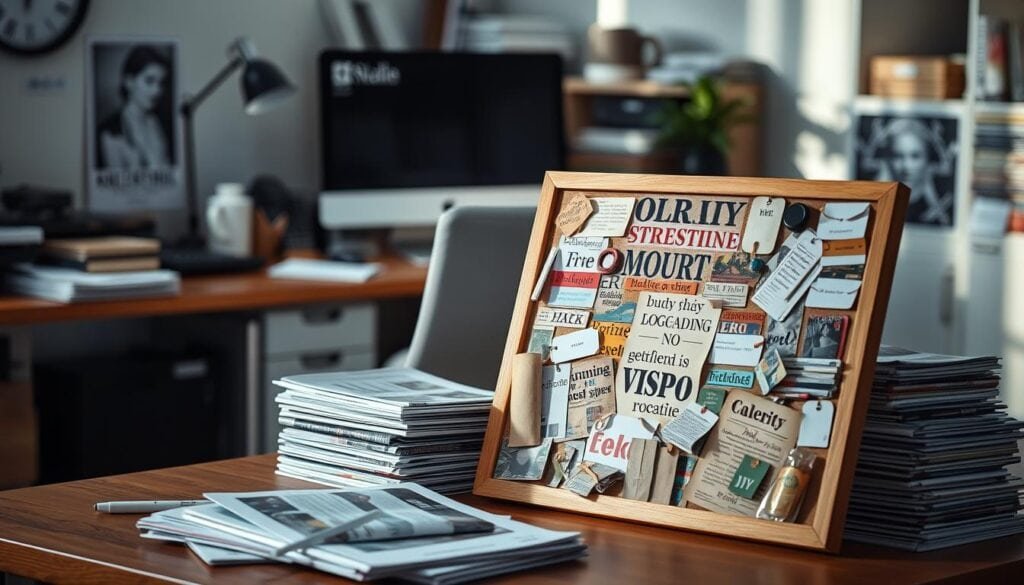 A neatly organized workspace with a modern desk, computer, and various office supplies. Stacks of magazines, newspapers, and printed materials sit alongside a vision board in the foreground, covered in an assortment of inspiring words, phrases, and images. The lighting is soft and cinematic, casting subtle shadows and highlights across the scene. The background is blurred, emphasizing the focus on the collection of materials for the vision board. The overall atmosphere is one of productivity, creativity, and a sense of purpose, reflecting the idea of "Gathering Inspiration with Vision Board Ideas". A neatly organized workspace with a modern desk, computer, and various office supplies. Stacks of magazines, newspapers, and printed materials sit alongside a vision board in the foreground, covered in an assortment of inspiring words, phrases, and images. The lighting is soft and cinematic, casting subtle shadows and highlights across the scene. The background is blurred, emphasizing the focus on the collection of materials for the vision board. The overall atmosphere is one of productivity, creativity, and a sense of purpose, reflecting the idea of "Gathering Inspiration with Vision Board Ideas".