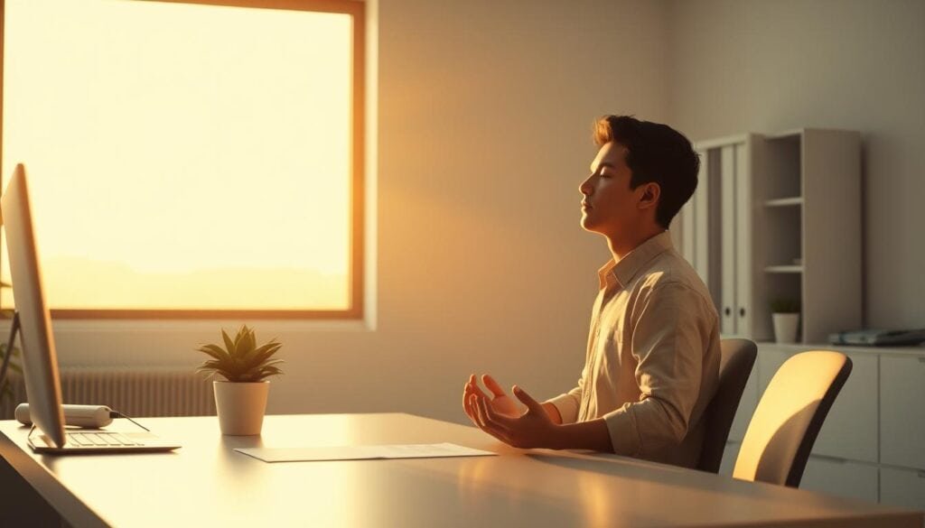 Young man practicing meditation indoors.