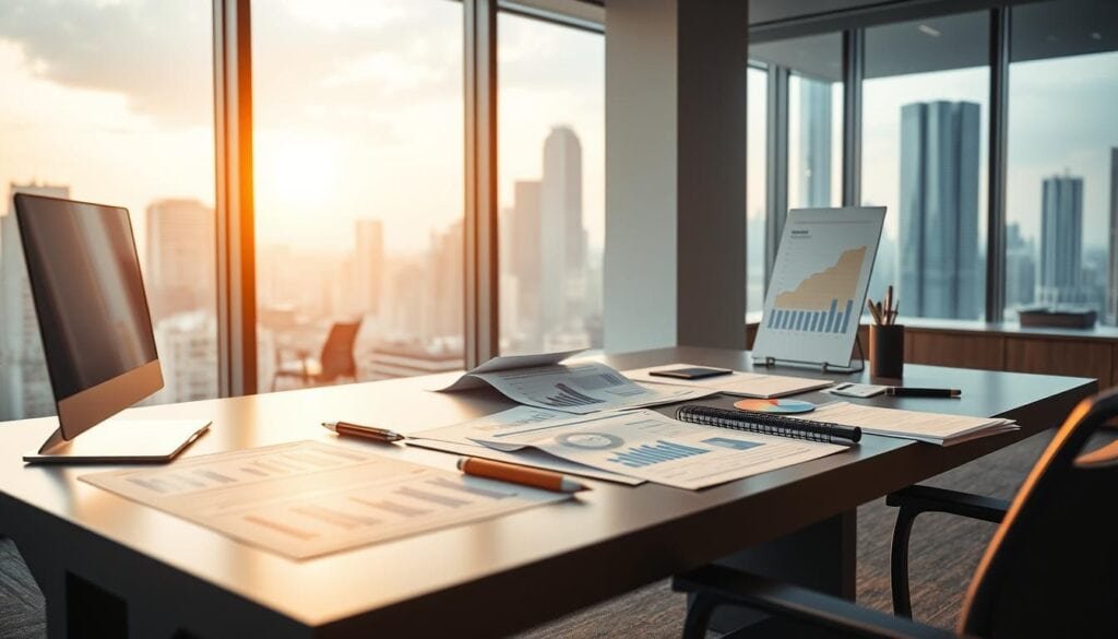 A photorealistic depiction of a modern office setting, showcasing a competitive pricing analysis. The scene features a sleek, minimalist desk with various financial charts, graphs, and documents arranged in an organized manner. Soft, cinematic lighting illuminates the workspace, creating a professional and analytical atmosphere. The background is a clean, contemporary office environment with tall windows offering a panoramic view of a bustling cityscape. The overall composition conveys a sense of strategic decision-making and data-driven insights necessary for effective SaaS pricing strategies.