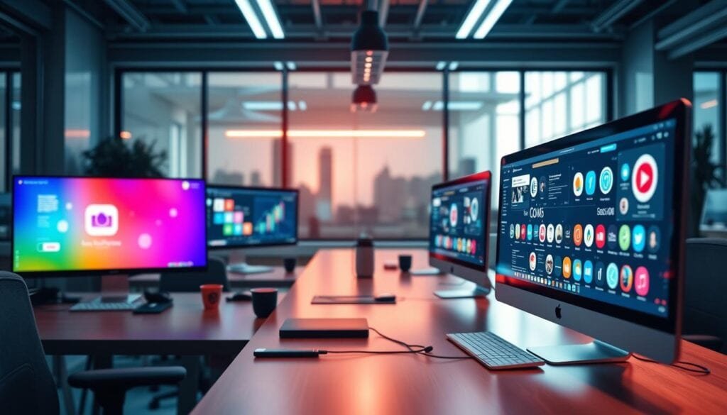 A photorealistic modern office space with cinematic lighting, showcasing various social media platforms strategically arranged on sleek computer screens. The scene captures the essence of data-driven content strategies, with vibrant colors, clean lines, and a sense of precision. A central focal point draws the viewer's eye, while subtle details in the background suggest the complexities of platform-specific engagement tactics. The overall mood is one of professionalism, innovation, and a data-driven approach to achieving viral content success. A photorealistic modern office space with cinematic lighting, showcasing various social media platforms strategically arranged on sleek computer screens. The scene captures the essence of data-driven content strategies, with vibrant colors, clean lines, and a sense of precision. A central focal point draws the viewer's eye, while subtle details in the background suggest the complexities of platform-specific engagement tactics. The overall mood is one of professionalism, innovation, and a data-driven approach to achieving viral content success.