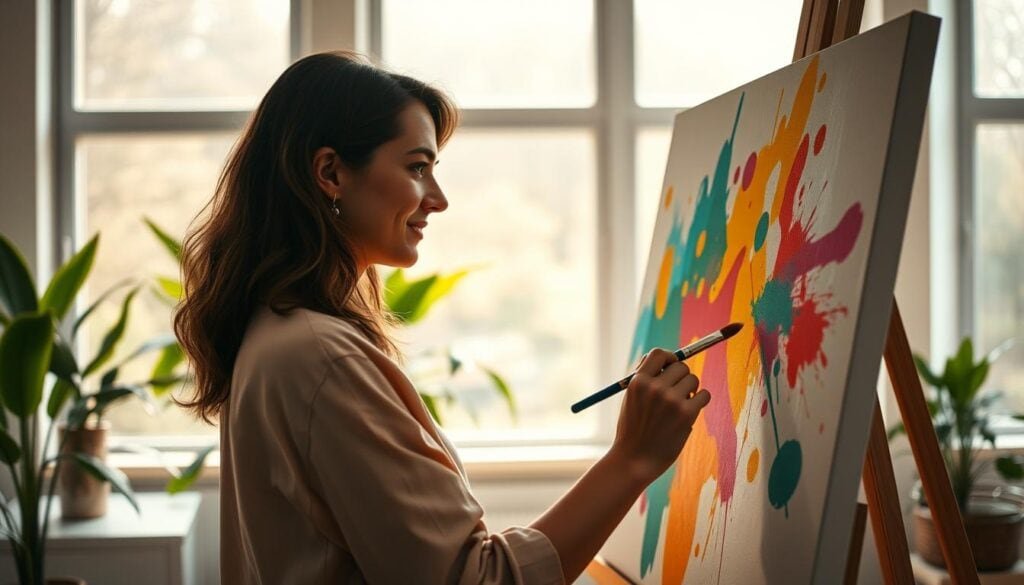 A serene office space with natural light streaming through large windows, casting a warm glow on a woman deeply engrossed in a vibrant, abstract painting. Splashes of color dance across the canvas, reflecting the joyful, creative energy that fills the room. In the background, lush green plants and minimal, modern furnishings create a calming, restorative atmosphere. The woman's face is tranquil, her brushstrokes fluid and effortless, as she loses herself in the therapeutic process of artistic expression. Cinematic lighting accentuates the scene, capturing the profound sense of wellbeing and rejuvenation that creative hobbies can cultivate.