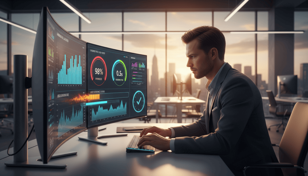 A sleek and modern office environment showcasing a high-tech computer desk with multiple screens displaying metrics and graphs on landing page performance speed. In the foreground, focus on a well-dressed professional analyzing the data, exuding concentration and determination. The middle layer features dynamic charts and loading bars with vivid colors, indicating fast load times and optimized performance. The background reveals a bright, airy office with large windows, allowing natural light to enhance the scene. Utilize cinematic lighting to create depth and reflections on the screens, emphasizing an atmosphere of productivity and innovation. Render in photorealistic style, aiming for an 8k resolution to capture every detail without any text or watermarks. A sleek and modern office environment showcasing a high-tech computer desk with multiple screens displaying metrics and graphs on landing page performance speed. In the foreground, focus on a well-dressed professional analyzing the data, exuding concentration and determination. The middle layer features dynamic charts and loading bars with vivid colors, indicating fast load times and optimized performance. The background reveals a bright, airy office with large windows, allowing natural light to enhance the scene. Utilize cinematic lighting to create depth and reflections on the screens, emphasizing an atmosphere of productivity and innovation. Render in photorealistic style, aiming for an 8k resolution to capture every detail without any text or watermarks.