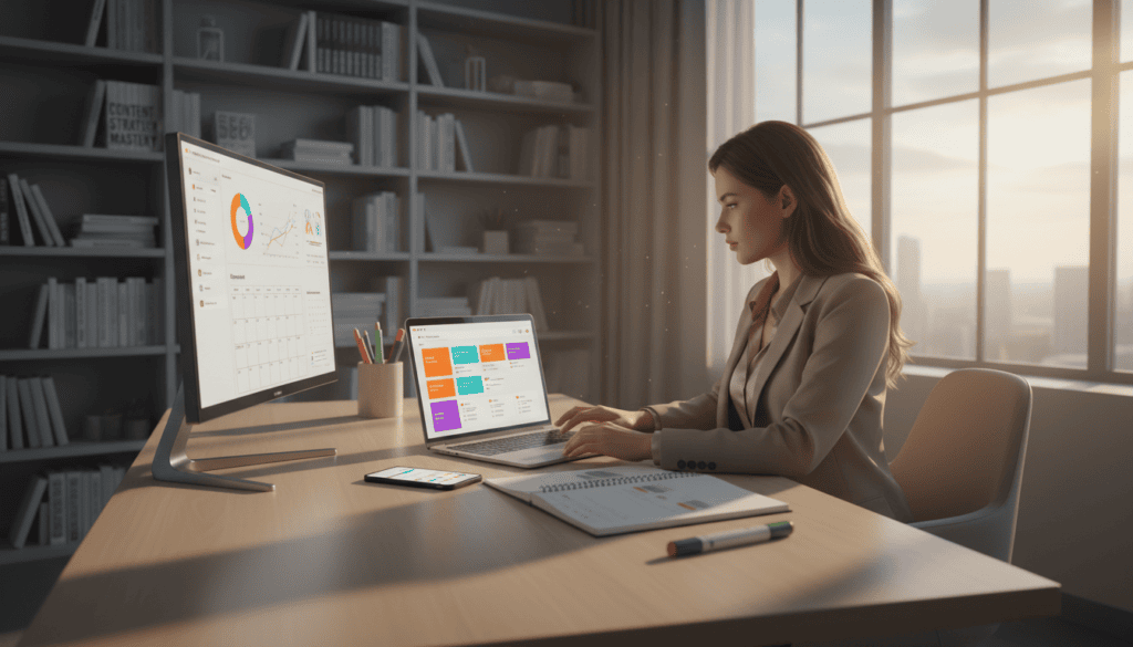 A sleek, modern office environment filled with digital tools for blogging and content management. In the foreground, a well-dressed professional woman is sitting at a contemporary desk, focused on a laptop displaying a colorful blog dashboard. Nearby, a large monitor shows data analytics and content scheduling tools. In the middle, an open planner and a smartphone with a content calendar are placed on the desk. The background features bookshelves filled with resources about content strategies and a large window letting in warm, natural light. The atmosphere is energetic and inspiring, with cinematic lighting that highlights the productivity and creativity of the workspace, captured in stunning 8k resolution.