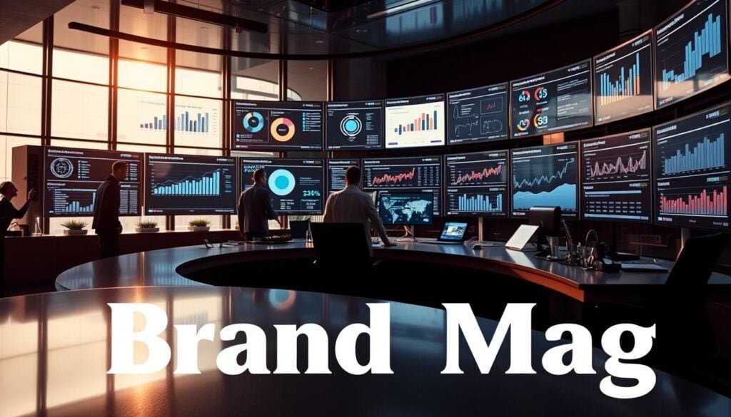 A sleek, modern office interior with a large curved desk showcasing various digital marketing analytics dashboards on high-resolution displays. The lighting is dramatic and cinematic, casting shadows and highlights that accentuate the detailed metrics and charts. In the foreground, a BrandMag logo is prominently displayed, reflecting the article's focus on essential marketing KPIs. The middle ground features professionals intently studying the data, while the background subtly suggests the bustling activity of a busy workplace. The overall scene conveys a sense of data-driven decision-making and strategic marketing insights. A sleek, modern office interior with a large curved desk showcasing various digital marketing analytics dashboards on high-resolution displays. The lighting is dramatic and cinematic, casting shadows and highlights that accentuate the detailed metrics and charts. In the foreground, a BrandMag logo is prominently displayed, reflecting the article's focus on essential marketing KPIs. The middle ground features professionals intently studying the data, while the background subtly suggests the bustling activity of a busy workplace. The overall scene conveys a sense of data-driven decision-making and strategic marketing insights.