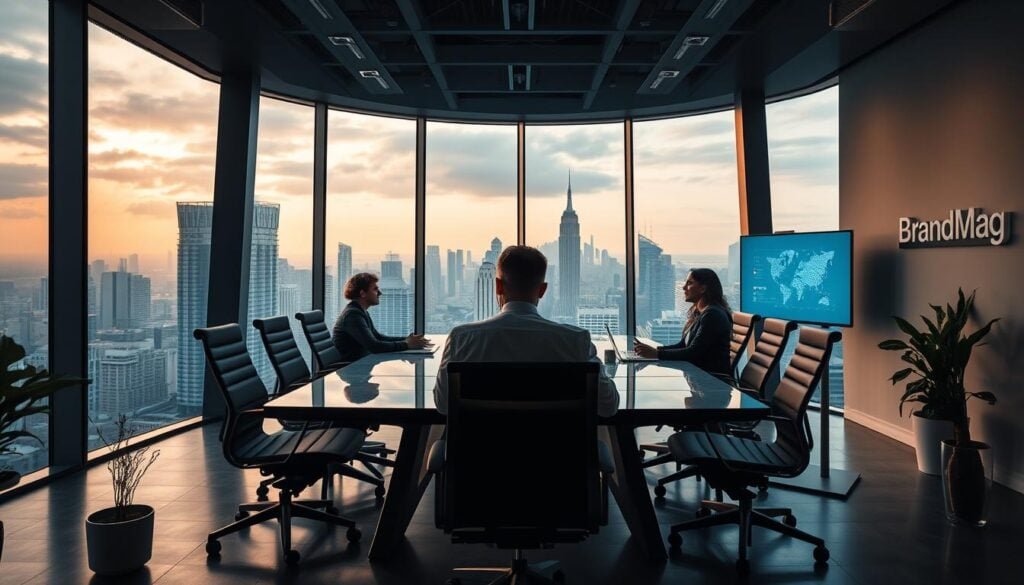 A sleek, modern office setting with a large, curved glass window offering a panoramic view of a bustling city skyline. The foreground features a stylish conference table surrounded by ergonomic chairs, a state-of-the-art digital display board, and a few carefully placed office plants. The middle ground showcases a team of professionals collaborating on a data-driven growth strategy, their expressions focused and determined. Cinematic lighting casts dramatic shadows, creating a sense of depth and atmosphere. In the background, the BrandMag logo is subtly displayed on the wall, lending an air of authority and professionalism to the scene. The overall impression is one of a thriving, data-driven startup poised for growth. A sleek, modern office setting with a large, curved glass window offering a panoramic view of a bustling city skyline. The foreground features a stylish conference table surrounded by ergonomic chairs, a state-of-the-art digital display board, and a few carefully placed office plants. The middle ground showcases a team of professionals collaborating on a data-driven growth strategy, their expressions focused and determined. Cinematic lighting casts dramatic shadows, creating a sense of depth and atmosphere. In the background, the BrandMag logo is subtly displayed on the wall, lending an air of authority and professionalism to the scene. The overall impression is one of a thriving, data-driven startup poised for growth.