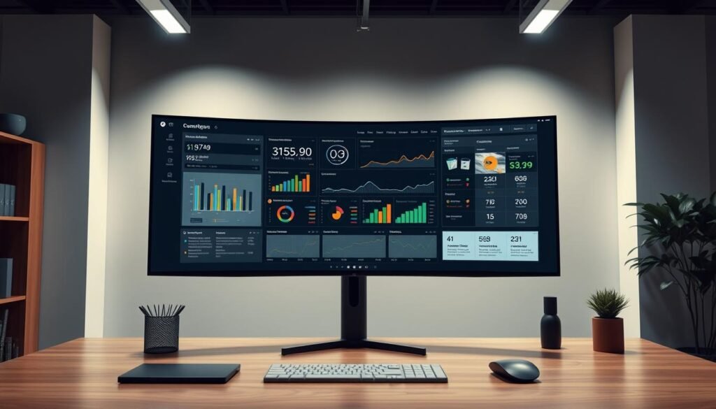 A sleek, modern office space with a large, curved computer monitor displaying a comprehensive PPC competitor analysis dashboard. The dashboard features intuitive data visualizations, key performance metrics, and side-by-side comparisons of competitor ad campaigns. Soft, cinematic lighting illuminates the scene, creating a professional, high-tech atmosphere. The monitor is positioned on a minimalist, wooden desk, surrounded by subtle office accents. An immersive, 8K resolution captures every detail, delivering a photorealistic, business-oriented image. A sleek, modern office space with a large, curved computer monitor displaying a comprehensive PPC competitor analysis dashboard. The dashboard features intuitive data visualizations, key performance metrics, and side-by-side comparisons of competitor ad campaigns. Soft, cinematic lighting illuminates the scene, creating a professional, high-tech atmosphere. The monitor is positioned on a minimalist, wooden desk, surrounded by subtle office accents. An immersive, 8K resolution captures every detail, delivering a photorealistic, business-oriented image.