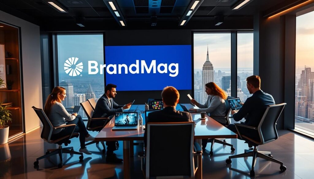 A sleek, modern office space with cinematic lighting, showcasing the BrandMag logo prominently displayed on a large screen. In the foreground, a team of professionals collaborates, their expressions focused as they analyze campaign performance metrics on their laptops. The middle ground features a stylish conference table, surrounded by ergonomic chairs, creating an atmosphere of productivity and innovation. The background reveals floor-to-ceiling windows, offering a breathtaking view of a bustling city skyline, further emphasizing the high-powered nature of the work being done. The overall scene conveys a sense of professionalism, technological prowess, and a relentless drive to enhance campaign performance.