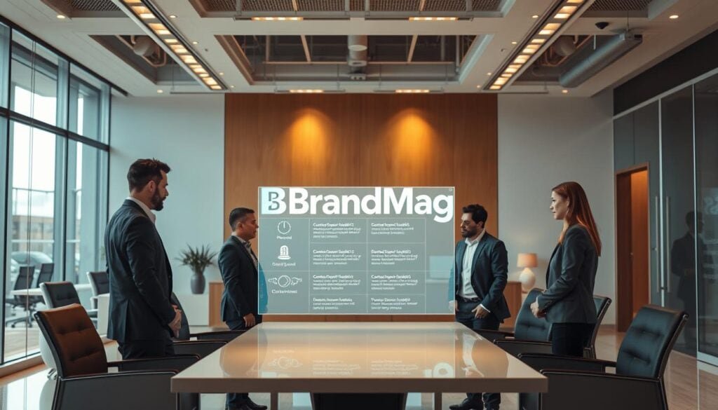 A spacious, modern office interior with clean lines and warm lighting. In the center, a team of professionals in business attire are gathered around a table, intently discussing customer pain points presented on a holographic display. The scene exudes a sense of focused collaboration and problem-solving. In the background, the BrandMag logo is prominently displayed, conveying the professional nature of the task at hand. The overall atmosphere is one of a thriving, tech-savvy business environment dedicated to addressing customer needs.