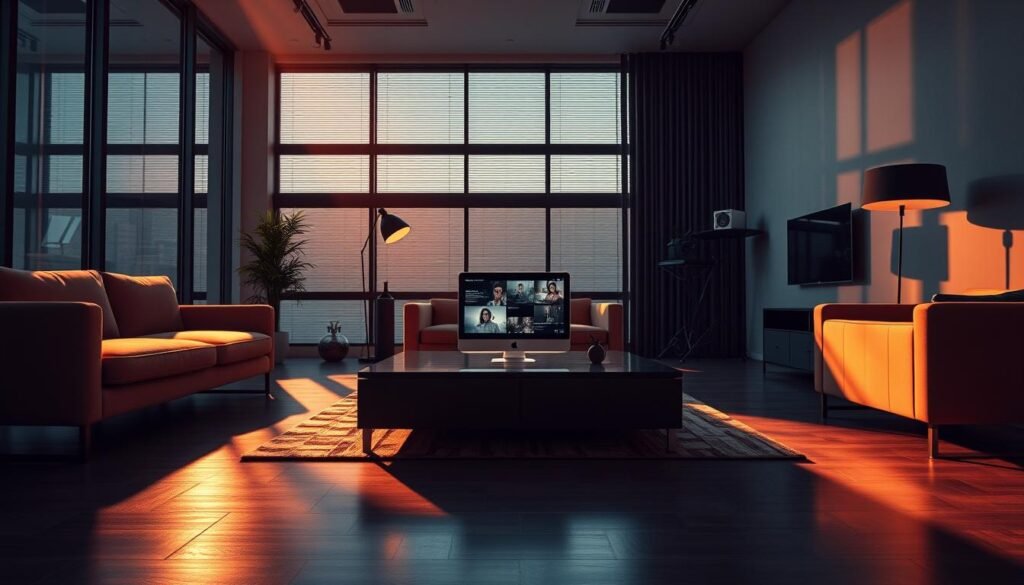 A striking, cinematic thumbnail showcasing a modern, minimalist office space. Sleek, contemporary furniture arranged in a symmetrical, visually arresting composition, bathed in warm, directional lighting that casts dramatic shadows. The frame is carefully balanced, highlighting a central focal point - perhaps a laptop or tablet device displaying captivating, eye-catching content. The entire scene exudes a sense of professionalism, creativity and attention to detail, perfectly capturing the essence of "Video SEO: Optimizing Your Content for Search Engines" and the "Creating Eye-Catching Thumbnails for Better CTR" section.