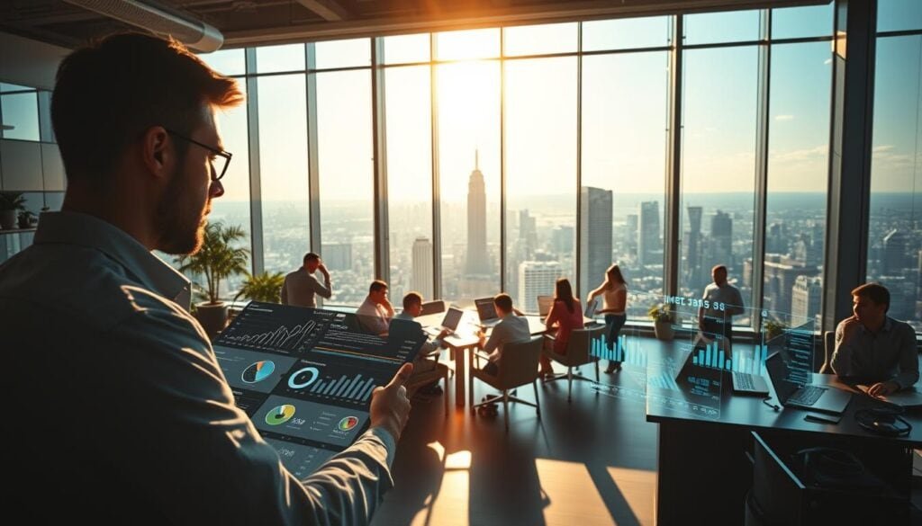 A sun-drenched modern office, brimming with potential. In the foreground, a determined entrepreneur navigates a maze of financial charts and graphs, their face illuminated by the soft glow of a holographic display. The middle ground showcases a bustling collaboration space, where innovators share ideas and secure funding opportunities. In the background, towering glass walls offer a panoramic view of a thriving city skyline, a testament to the boundless possibilities that await. Cinematic lighting casts dramatic shadows, creating an atmosphere of focus and resolve. This 8K photorealistic scene captures the essence of overcoming challenges and embracing the future of entrepreneurship.