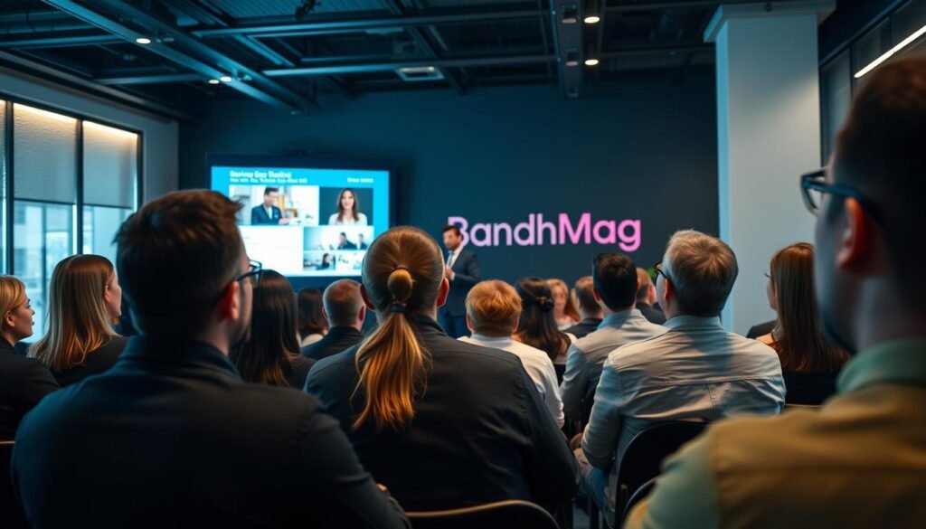 A vibrant, photorealistic webinar audience engaged in a business presentation. The scene features a modern office setting with sleek, minimalist decor and cinematic lighting that creates a sense of energy and professionalism. In the foreground, the audience members lean in attentively, their expressions rapt as they watch the presentation unfolding on a large, high-resolution screen. The middle ground showcases the presenter, eloquently delivering their message, surrounded by a sea of attentive faces. In the background, the BrandMag logo is subtly integrated into the design, adding a touch of branding to the scene. The overall atmosphere is one of collaboration, focus, and successful audience engagement. A vibrant, photorealistic webinar audience engaged in a business presentation. The scene features a modern office setting with sleek, minimalist decor and cinematic lighting that creates a sense of energy and professionalism. In the foreground, the audience members lean in attentively, their expressions rapt as they watch the presentation unfolding on a large, high-resolution screen. The middle ground showcases the presenter, eloquently delivering their message, surrounded by a sea of attentive faces. In the background, the BrandMag logo is subtly integrated into the design, adding a touch of branding to the scene. The overall atmosphere is one of collaboration, focus, and successful audience engagement.