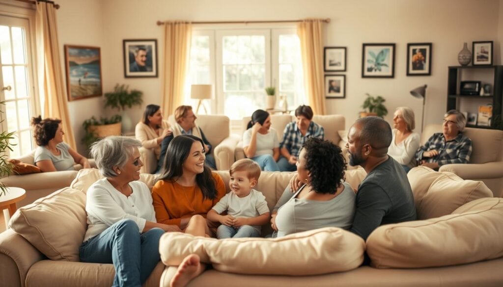 A warm, inviting living room with a group of diverse individuals engaged in lively conversation. In the foreground, a family of three - a mother, father, and child - sit on a plush, ivory sofa, their faces animated as they interact. Behind them, a circle of friends, ranging from young adults to seniors, occupy comfortable armchairs and a loveseat, laughing and gesturing animatedly. The room is bathed in a soft, golden glow from large windows, casting a cozy, intimate atmosphere. Artwork and family photos adorn the walls, creating a sense of personal connection and community. The scene conveys a sense of social belonging, genuine relationships, and the rejuvenating power of quality time spent with loved ones.