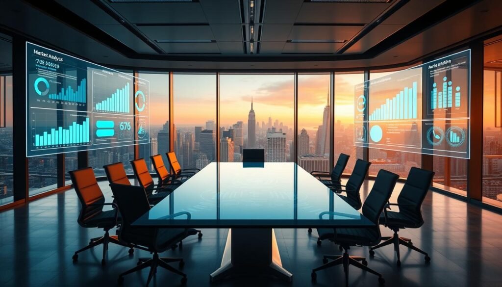 An expansive modern office space, with a large window offering a panoramic view of a bustling city skyline. A sleek glass conference table dominates the center, surrounded by ergonomic chairs. The lighting is cinematic, with soft yet defined shadows creating depth and drama. Holographic displays flicker to life, showcasing detailed market analysis data, charts, and graphs. The atmosphere is one of focused professionalism, as the room's occupants pore over the information, making strategic decisions for their thriving startup. Photorealistic, 8k quality.