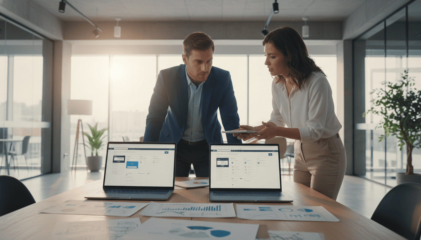 Business professionals discussing data and reports in a modern office setting.