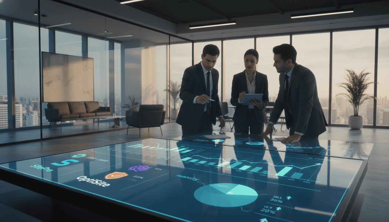 Business professionals analyzing digital data on touchscreen table.